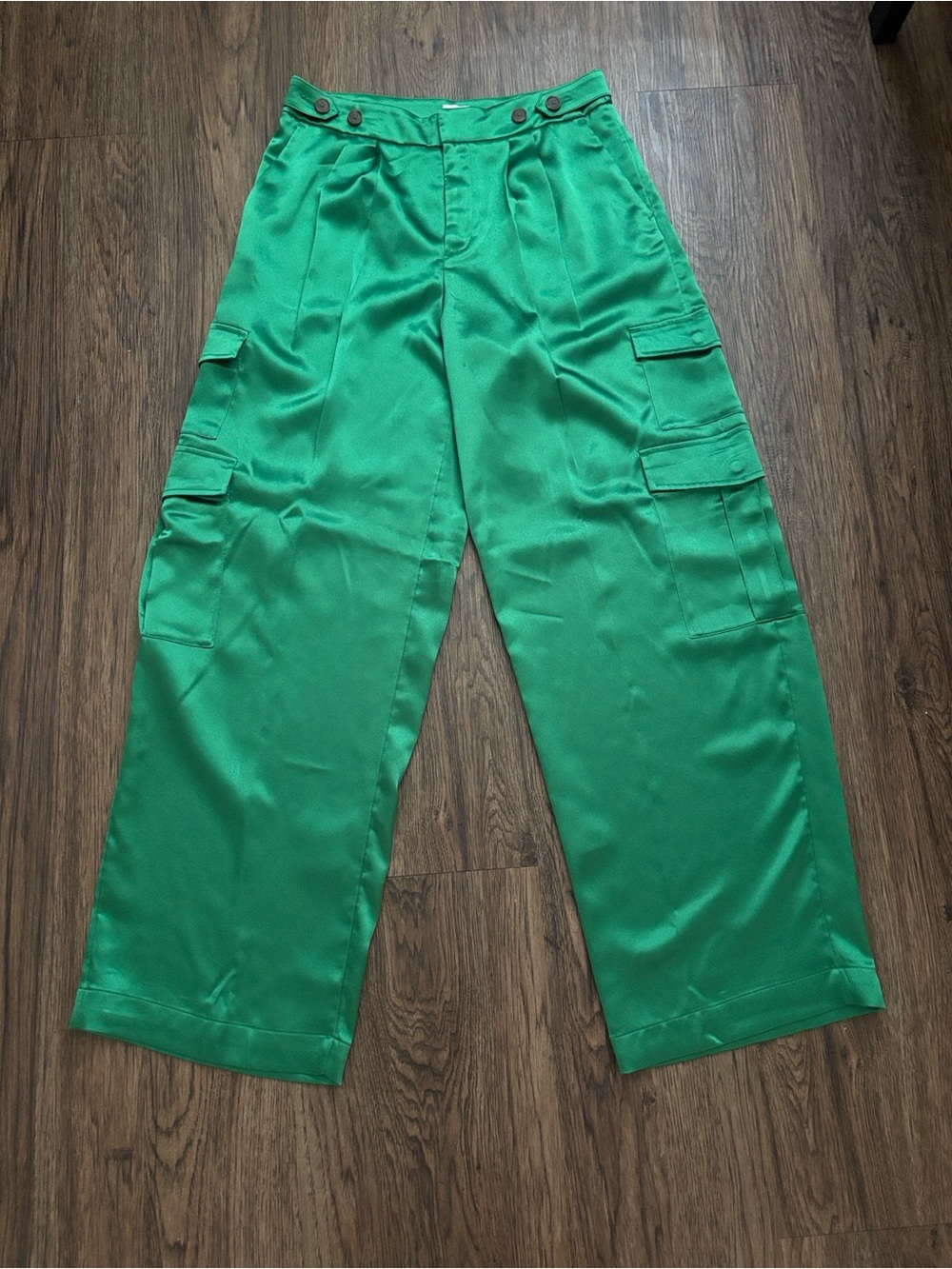 A New Day Emerald Green Satin Cargo Pants Wide Leg Button Waist Size 6